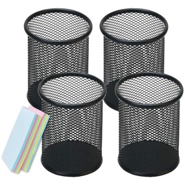 Qualsen Pencil Cups 4 PCS Pen Holder Wire Mesh Pen Organizer with Sticky Notes Round Metal Crayon Holder Desk Cup Holder for Office and School (Sliver)
