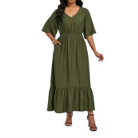 Ystguic Women's Short Sleeve Bohemian V-Neck Floral Print Maxi Flowy Dress with Pockets Stretchy Waist Summer Fall Casual Beach Long Dresses X-Large 024 Army Green XL