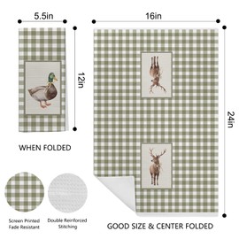 EKGJW Farmhouse Mallard Duck and Deer Kitchen Towels Set 2–Sage Green Gingham Plaid Decorative Tea Towels,Country Rustic Wildlife Hand Towels for Kitchen or Bathroom,16x24 Inch