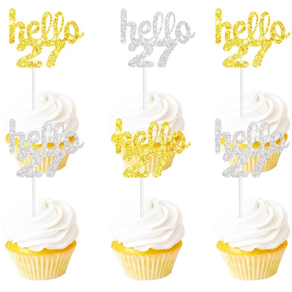 18PCS Hello 27th Cupcake Topper Picks for Happy Birthday Party Cheer to 27 Years Old Theme Party Decoration Supplies Celebrating Anniversary Gold silver Glitter