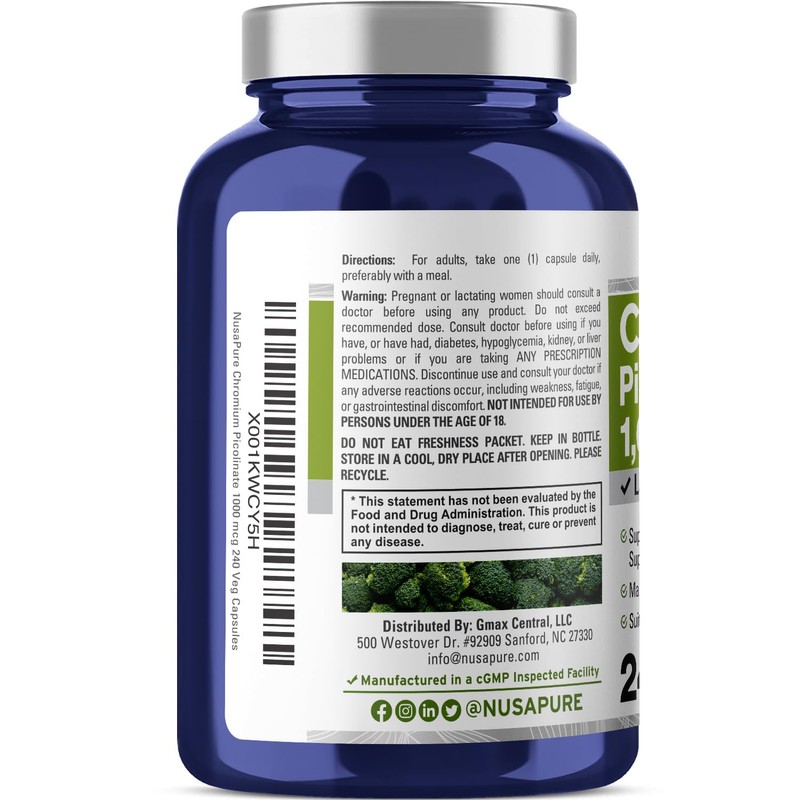 NusaPure Chromium Picolinate 1000mcg 240 Veggie Capsules (Non-GMO, Gluten Free)