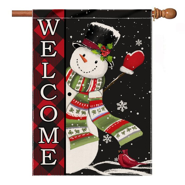 pinata Christmas Flags 28 x 40 Double Sided Winter Snowman House Outdoor Holiday Seasonal Decorative Banner, Welcome Buffalo Plaid Christmas Decorations Snowflake Outside Yard Burlap Large Garden Flag
