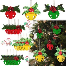 12 Pcs 3D Christmas Jingle Bell Ornament Wooden Christmas Tree Ornaments Mistletoe and Holly Bell Decoration Jingle Bell with Buffalo Plaid Bow for Xmas Tree Wreath Garland DIY Decorations