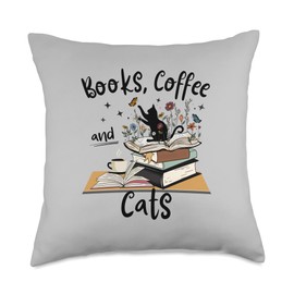 Cute Gardening Plant Book Coffee Cat Lover Apparel Adorable Cat Book Plant Coffee Lover Throw Pillow, 18x18, Multicolor