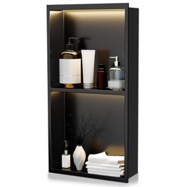 TSIBOMU 12" X 24" Stainless Steel Shower Niche with LED Lights, Matte Black Double Shelves Recessed Shower Niche No Tile Needed for Bathroom/Bedroom Storage
