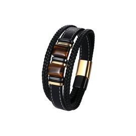 Aroncent Mens Braided Leather Bracelet: Triple Layer with Tiger Eye Stone - Punk Style Stainless Steel Magnetic Clasp Wristband - Gold