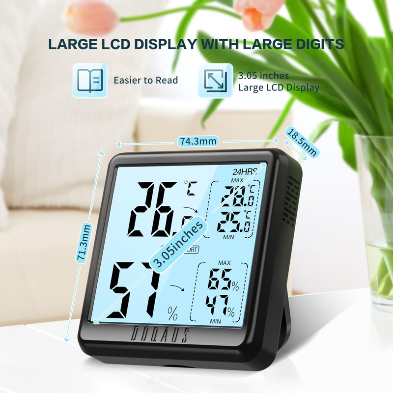 DOQAUS Indoor Thermometer Hygrometer Digital Thermo-Hygrometer 3.05 Inch Large LCD