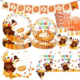 134pcs Thanksgiving Plates Set with Tablecloth Serve 16 Guests, Glazeal Disposable 7in / 9in Plates with Thanksgiving Napkin, Tablecloth & Flag-Turkey