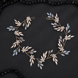 Denifery Bride Wedding Hair Vine Headband Leaf Pearl Gold Bridal Hair Accessories Rhinestone Headband Wedding Hair Accessories Brides Headpiece Jewelry for Women Girls