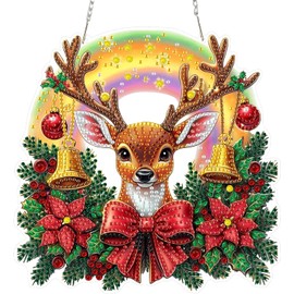 MEIYUDA Christmas Diamond Painting Hanging Kits, DIY Deer Diamond Art Kits Pendant for Adults, 5D Crystal Art Window Hanging Ornament for Home Wall Garden Decor Gifts
