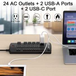 Surge Protector Power Strip - QINLIANF 20Ft Flat Plug Heavy Duty Extension Cord with 24 Outlets and 4 USB Ports(1 USB-C Ports), 1875W/15A, 4100J, for Home, Office, Dorm, ETL Listed, Black