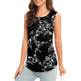 MEILANZJ Women's Sleeveless Chiffon Tank Top Business Casual Blouse Tunic Silk Tank Top,Large,White Flower Black