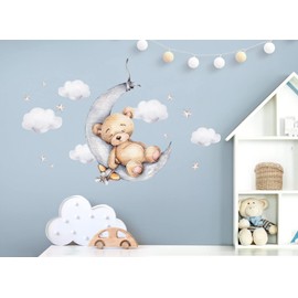 Little Deco DL871-4 Wall Sticker Bear with Moon Children's Room Animals Teddy Bear Wall Sticker Baby Room Bedroom Decoration
