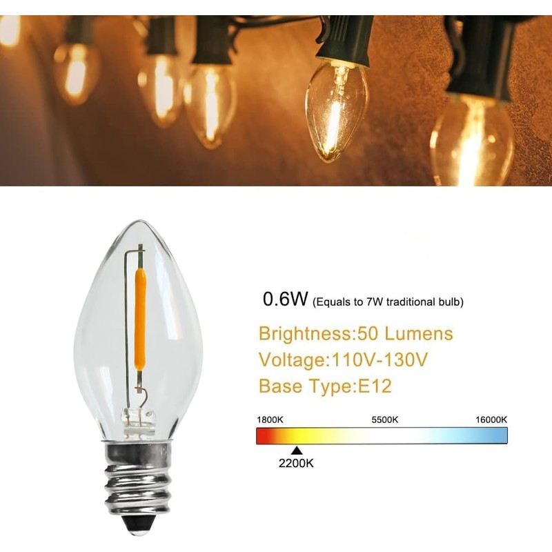 KGC 25Pack C7 LED Christmas Light Bulb, E12 Base Waterproof