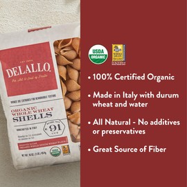 DeLallo Whole Wheat Pasta Shells, 1 Pound Bag, 7 Pack, Made with 100% Organic Whole Wheat Flour, High Protein, Made in Italy