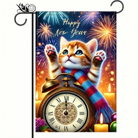 BlissYard Happy New Year Garden Flag Cat Happy New Year Garden Flag 12x18 Inch Winter Christmas Cat Flag Double Sided Cat and Clock Yard Decoration Fireworks Welcome New Year Eve Yard Flag Sign
