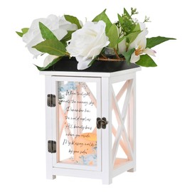 Memorial Lantern for Loss of Loved One - Sympathy Lantern for Funeral Gift & Condolences - Waterproof Wood Lantern with Flameless Candle & Silk Roses,13.5" Anniversary Tribute for Home & Porch