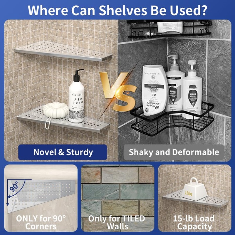 Bernkot Corner Shower Shelf 12" Polished 304 Stainless Steel Recessed