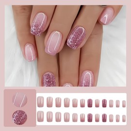 24 Pcs Ombre Pink Press On Nails Short Square,YEFIUO Glitter French Fake Nails Press ons Nail Art Tip Acrylic Nail Kit Glue on Nails Full Cover False Nail with Rose Red Sequins Glossy Design for Women
