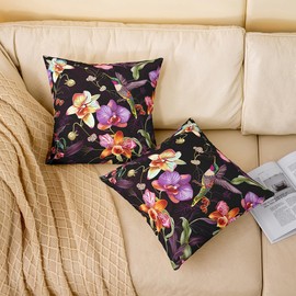 jejeloiu Vintage Floral Throw Pillow Covers 22"x22" Hummingbird Decorative Throw Pillowcase for Sofa Hummingbird Flowers Pillow Case Cushion Cover Retro Blossom Theme Purple Cushion Case