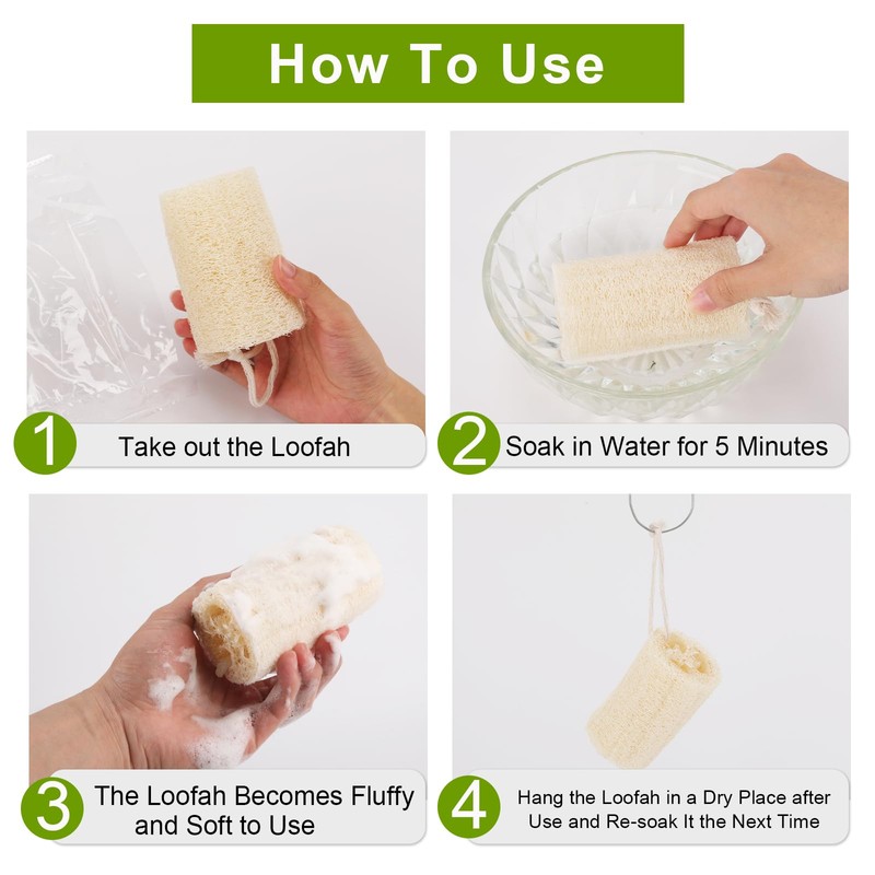 VacFreKep 4 Pack Natural Loofah Sponge,Organic Loofah Sponge Organic Luffa