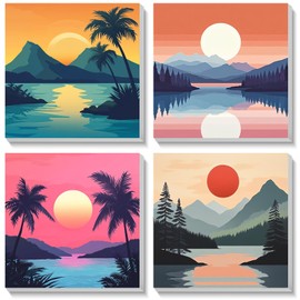 Bowetile 4 Pack Sunset Framed Paint by Numbers for Adults Children, Painting by Numbers Kit for Adults, Beginners Canvas Kits, DIY Acrylic Pigment Drawing Paintwork for Home Decor, 20x20 cm