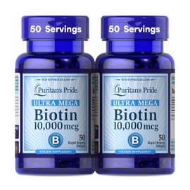 Puritan's Pride Premium Ultra Mega Biotin 10,000mcg, Dietary Supplement for Healthy Hair, Skin, Nails, and Energy Metabolism Support, 100 Day Supply, 50 Rapid Release Softgels, 2 Pack