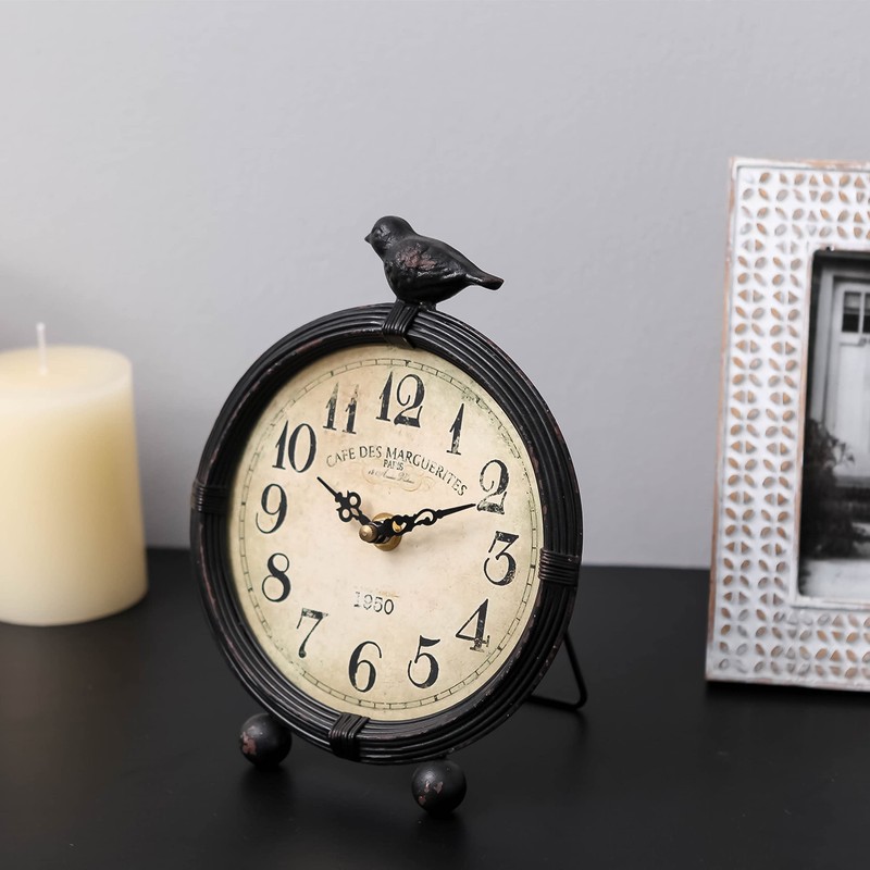 NIKKY HOME Vintage Table Clock with Bird, Metal Desk Clocks