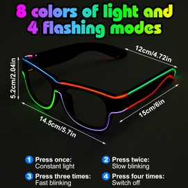 XGOOD LED Glasses Multi-Color (8 Colors) Light Up Glasses w/o Cable Neon Glow Glasses for KTV, EDM, Rave Parties and Cosplay (Black Frame & Lens)