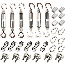 Pack of 30 Garden Wire Ropes, Includes M4 Wire Rope Tensioner, 3 mm Wire Rope Clamp, 3 mm Duplex Clamps, 3 mm Wire Rope Thimbles and Aluminium Crimp Sleeves, Washing Line Clamps, for Tensioners