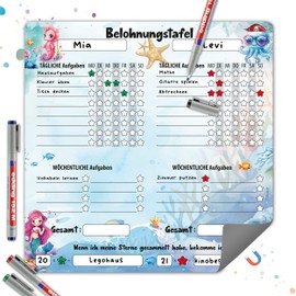 TOBJA Kids Magnetic Reward Board - Mermaid Design Routine Planner for 2 Kids with Daily & Weekly Task | Includes 4 Wipe Clean Pens | 30x30cm
