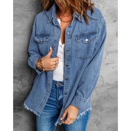Vetinee Women's Oversized Boyfriend Medium Blue Front Button Up Frayed Raw Hem Long Sleeve Pockets Denim Jean Jacket Shacket Medium Size 8 Size 10