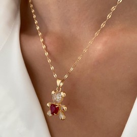 Wendalern Cubic Zirconia Bear Necklace Red Heart Crystal Teddy Bear Necklace Cute Animal Bear Pendant Necklace Gold Thin Chain Necklace Jewelry for Women Girls Kids
