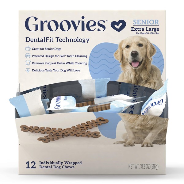 GROOVIES Senior Dog Dental Chew Individually Wrapped XLarge (12 ea)