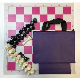 Rook-N-Pawn Chess Set Combo: Purple Bag w/ Loop, Pink Board, Black & White Chess Pieces