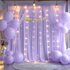 10x10ft Lavender Backdrop Curtains with Lights Wrinkle Free Chiffon Backdrop Curtain for Wedding Birthday Party Baby Shower Photo Shoot Bridal Shower Home Party Background Decorations