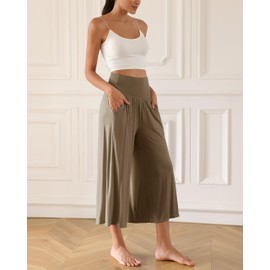 ODODOS Women's Wide Leg Palazzo Lounge Cropped Pants with Pockets Light Weight Comfy Casual Pajama Capri Pants-22 inseam, Brownie, Large