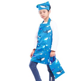 BIGHAS Children's Apron, Triangle Cloth, Drawstring Bag, 3-Piece Set, Easy to Put on and Take Off for Kids, Dinosaurs, Elementary School Students, Name Tag, Dust Resistant, shark/blue