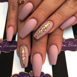 Brishow Coffin Pink Long False Nails With Gold Rhinestone - Ballerina Acrylic Press on Nails - 24pcs for Women and Girls