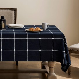 ZeeMart Grid Embroidered Hemmed Tablecloths, Navy 60x84 Inch, Farmhouse Style Heavy Weight Cotton Linen Navy Blue Tablecloths, Boho Plaid Water Resistant Rectangle Table Cloth