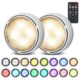 Onumii Puck Lights with Remote Battery Operated ED Under Cabinet Lighting Wireless Stick on Color Changing Timer Tap Lights for Cabinets Shelves Closets Display Case - 2Pack White