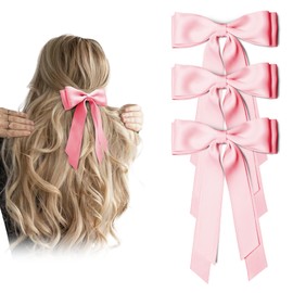 Dark Pink Hair Bows for Women 3PCS Soft Bow Hair Clips with Metal Clips Long Tail 5.5" Solid Satin Polyester Ribbon Ponytail Holder Hair Accessories for Girls Teen