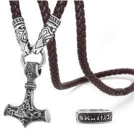 BAVIPOWER Viking Thors Hammer Mjolnir Fenrir Wolf Head Axe Pendant Talisman Amulet Powerful Protection Stainless Steel Necklace For Men Women