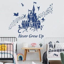 Supzone Castle Wall Stickers Fairy Tale Castle Never Grow Up Quotes Stars Wall Decor for Baby Nursery Room Kids Bedroom Wall Decal-Navy Blue
