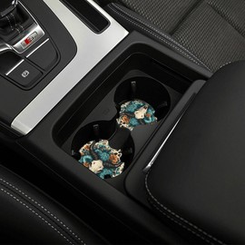 Turquoise Floral Bull Skull 3 Pcs Steering Wheel Cover Decoration Set with 2 Coasters, Universal Non-Slip and Comfortable car Interior Set– Fits 14.5-15 Inch Steering Wheels Cover for Cars, SUVs