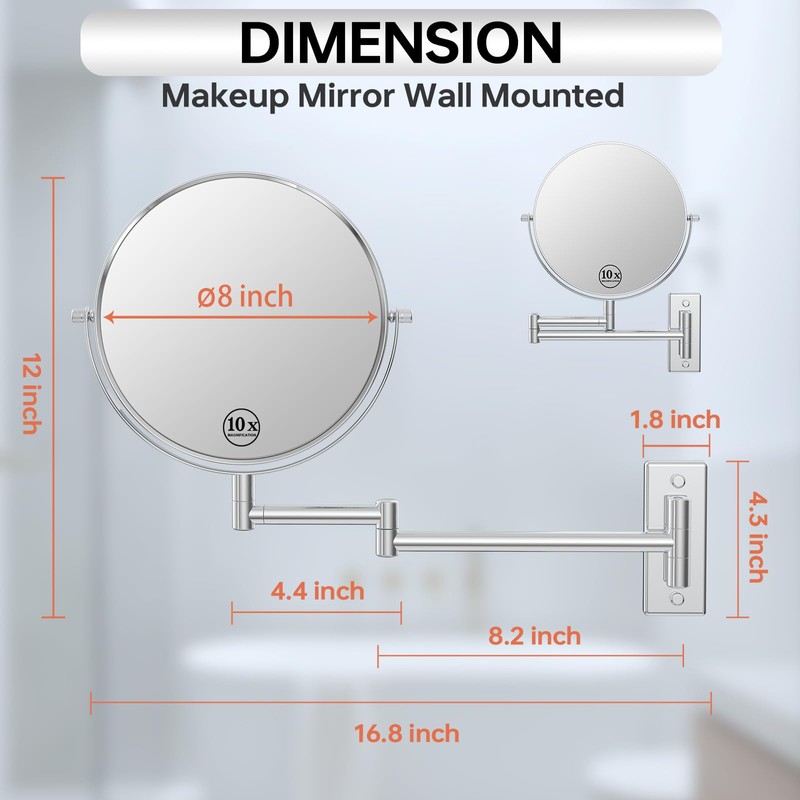 Erlingeryi Wall Mounted Makeup Mirror 1X/10x, 8" Double-Sided Swivel Extendable