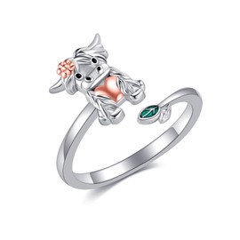 DAYLINLOVR Highland Cow Ring 925 Sterling Silver Adjustable Cute Cow Open Rings with Leaf Cow Jewellery Gift for Women