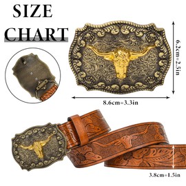 Eohak Western PU Leather Belt for Men Women Cowboy Cowgirl Longhorn Bull Pattern Engraved Buckle Belt for Unisex, brown