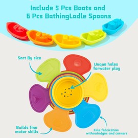 Baby Bath Toys for 1 2 3 4 Year Olds Toddler Kids, 11PCS Mould Free Bath Toys Water Play Paddling Pool Toys No Mould Stackable Toy Boats and Spoons Shower Toys for Boys Girls
