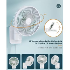 LEMOISTAR 8 Inch Small Wall Mounted Fan with Remote Control, 90° Oscillating, 4 Speeds High Velocity, Timer, Adjustable Tilt, 70 Inch Cord, Quiet, for RV Bedroom Home Office Garage-White